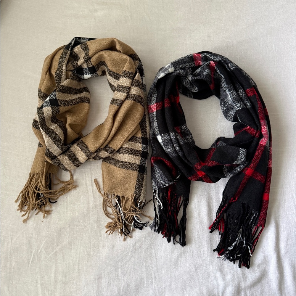 Plaid Blanket Scarf Set - Tan and Black